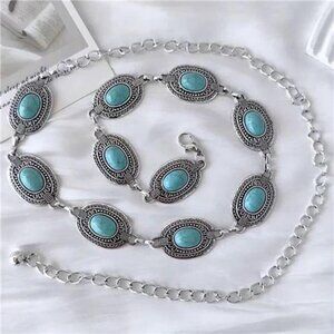 Women Turquoise Concho Chain Belt Western Cowgirl Waist Chain Oval Metal Link
